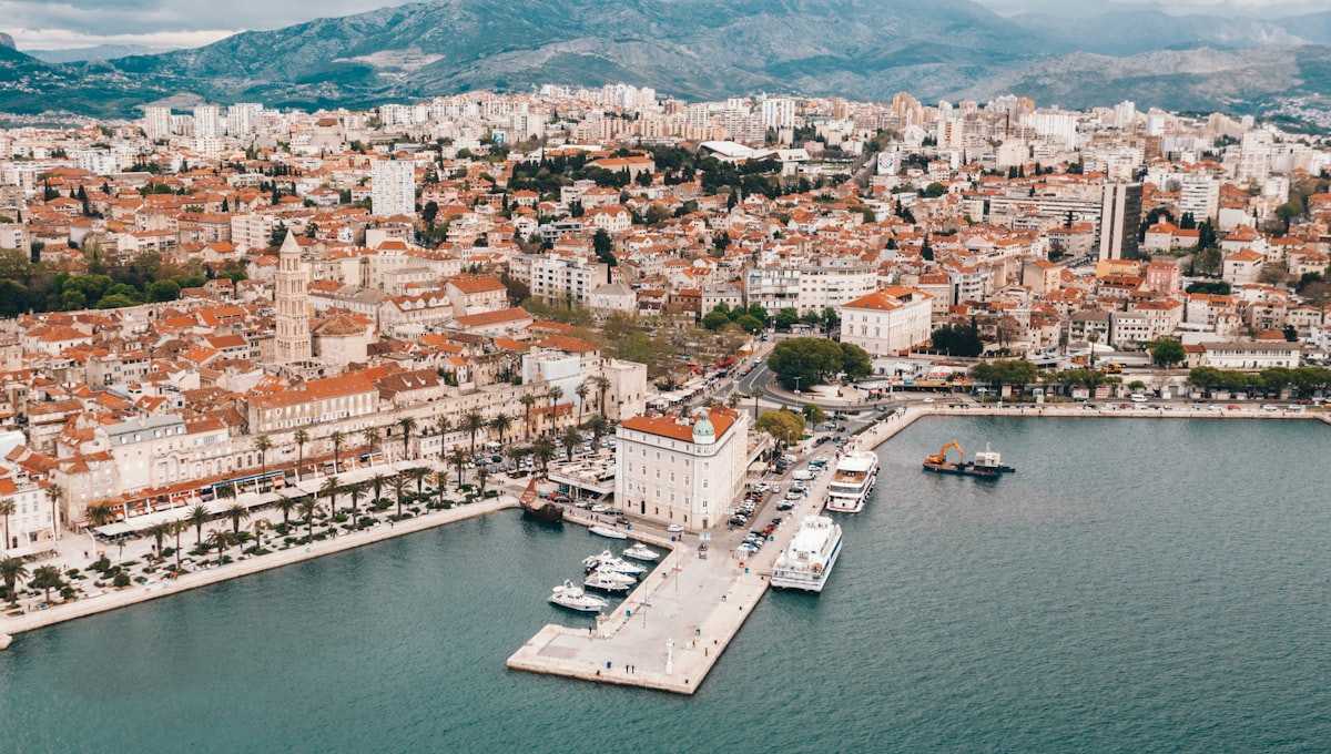 Aerial view of Diocletian's Palace and the Split waterfront at dusk