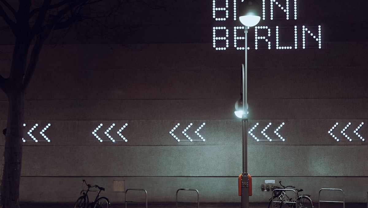 Nighttime view of Berghain club exterior and surrounding industrial buildings