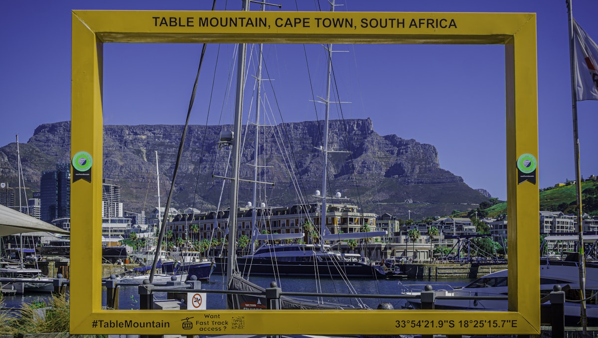 Table Mountain rising above Cape Town harbour at sunrise