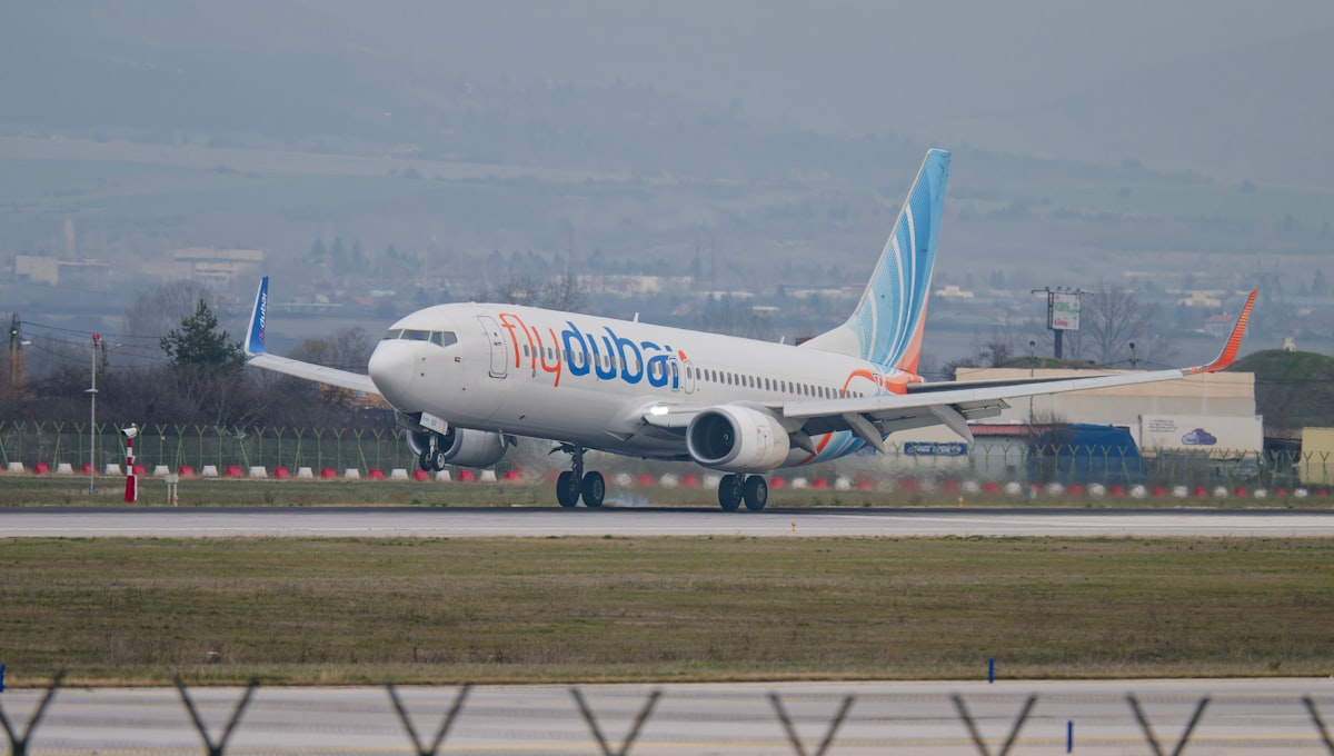 FlyDubai Boeing 737 at Dubai International Airport Terminal 2 gate
