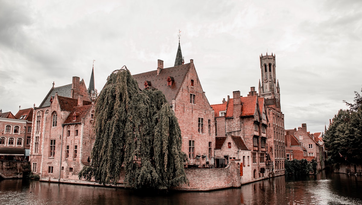 Bruges Belfry tower at dusk viewed from cobblestone market square below